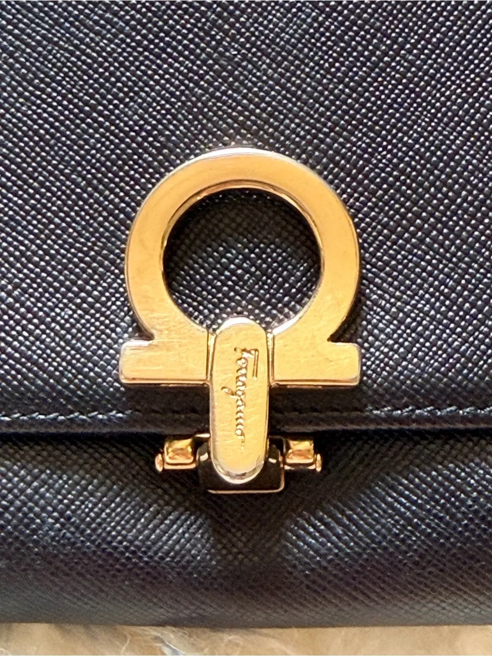 Salvatore Ferragamo Black Leather Gancini Clasp Wallet with Gold Hardware